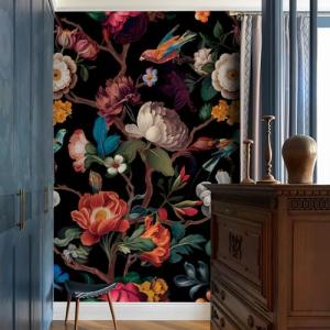 Zeeko Floral Wallpaper Black Peel and Stick Wall Mural Canvas Fabric Vintage Wallpaper for Room TV Background(59" x 98") Large Wall Paintings Home Decor