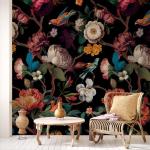 Zeeko Floral Wallpaper Black Peel and Stick Wall Mural Canvas Fabric Vintage Wallpaper for Room TV Background(59" x 98") Large Wall Paintings Home Decor