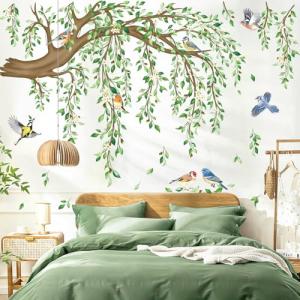 decalmile Large Hanging Vine Wall Decals Tree Branch Green Leaf Flower Birds Wall Stickers Living Room Tv Background Bedroom Wall Decor