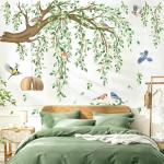 decalmile Large Hanging Vine Wall Decals Tree Branch Green Leaf Flower Birds Wall Stickers Living Room Tv Background Bedroom Wall Decor
