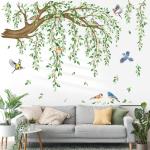 decalmile Large Hanging Vine Wall Decals Tree Branch Green Leaf Flower Birds Wall Stickers Living Room Tv Background Bedroom Wall Decor