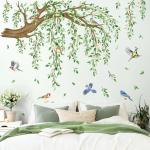 decalmile Large Hanging Vine Wall Decals Tree Branch Green Leaf Flower Birds Wall Stickers Living Room Tv Background Bedroom Wall Decor