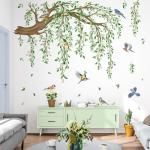 decalmile Large Hanging Vine Wall Decals Tree Branch Green Leaf Flower Birds Wall Stickers Living Room Tv Background Bedroom Wall Decor