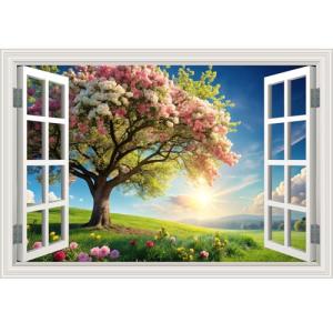 Fake Window Wall Mural Green Flowers Tree Art Poster Faux Window Wall Sticker for Office Home Room Decor, Peel and Stick Wall Decals 48" x 32" Set of 2 Sheets