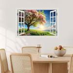 Fake Window Wall Mural Green Flowers Tree Art Poster Faux Window Wall Sticker for Office Home Room Decor, Peel and Stick Wall Decals 48" x 32" Set of 2 Sheets