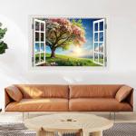 Fake Window Wall Mural Green Flowers Tree Art Poster Faux Window Wall Sticker for Office Home Room Decor, Peel and Stick Wall Decals 48" x 32" Set of 2 Sheets