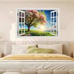 Fake Window Wall Mural Green Flowers Tree Art Poster Faux Window Wall Sticker for Office Home Room Decor, Peel and Stick Wall Decals 48" x 32" Set of 2 Sheets