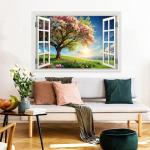 Fake Window Wall Mural Green Flowers Tree Art Poster Faux Window Wall Sticker for Office Home Room Decor, Peel and Stick Wall Decals 48" x 32" Set of 2 Sheets