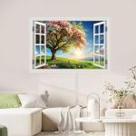 Fake Window Wall Mural Green Flowers Tree Art Poster Faux Window Wall Sticker for Office Home Room Decor, Peel and Stick Wall Decals 48" x 32" Set of 2 Sheets