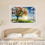 Fake Window Wall Mural Green Flowers Tree Art Poster Faux Window Wall Sticker for Office Home Room Decor, Peel and Stick Wall Decals 48" x 32" Set of 2 Sheets