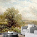 IDEA4WALL Removable Wall Sticker/Wall Mural Pastel Scenic Forest Tree Valley Nature Wilderness Illustrations Fine Art Farmhouse/Country Landscape for Living Room, Bedroom, Office - 100"x144"