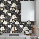 Boho White Gold Floral Wallpaper Peel and Stick Dark Blue Leaf Contact Paper 17.5" x 118" Vinyl Waterproof Self Adhesive Vintage Botanical Wall Mural for Cabinet Drawer Walls Bathroom(Navy,White,Gold)