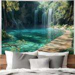 BSFHH Nature Tapestry Forest Tree Sea Cave Wall Hanging, Stream Through Rainforest Landscape Wall Art Tapestry for Bedroom Living room (Waterfall, 90"×70", Unframed)