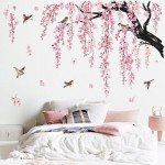wondever Large Flower Tree Branch Wall Stickers Pink Cherry Blossom Floral Birds Wall Art Decals for Living Room Bedroom TV Wall (150cm*143cm)