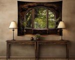 QGHOT Window Tapestry, Outdoor Forest Tapestry Wall Hanging Rustic Country Backdrop Oversized Nature Landscape Wall Mural Tapestry for Office Bedroom Living Room Wall Art Decor (90.6"x70.9")