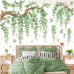 wondever Large Tree Branch Hanging Vine Wall Stickers Green Leaf Flower Birds Peel and Stick Wall Art Decals for Living Room Bedroom TV Wall
