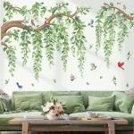 wondever Large Tree Branch Hanging Vine Wall Stickers Green Leaf Flower Birds Peel and Stick Wall Art Decals for Living Room Bedroom TV Wall