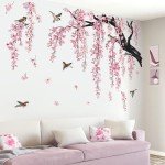 wondever Large Flower Tree Branch Wall Stickers Pink Cherry Blossom Floral Birds Wall Art Decals for Living Room Bedroom TV Wall (150cm*143cm)