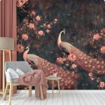 Large Peacock Wall Murals Peel and Stick 148" W x 98" H Canvas Pink Peony Flower Wallpaper Self Adhesive Retro Chinoiserie Wall Paper for Bedroom Living Room Home Decor