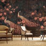 Large Peacock Wall Murals Peel and Stick 148" W x 98" H Canvas Pink Peony Flower Wallpaper Self Adhesive Retro Chinoiserie Wall Paper for Bedroom Living Room Home Decor