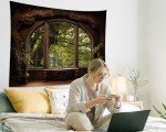 QGHOT Window Tapestry, Outdoor Forest Tapestry Wall Hanging Rustic Country Backdrop Oversized Nature Landscape Wall Mural Tapestry for Office Bedroom Living Room Wall Art Decor (90.6"x70.9")