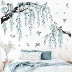 wondever Large Watercolor Flower Branch Wall Stickers Blue Blossom Tree Branches Peel and Stick Wall Art Decals for Living Room Bedroom TV Wall