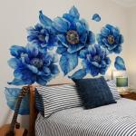 Runtoo Large Peony Flower Wall Art Decals 3D Boho Fabric Blue Floral Wall Mural Stickers for Girls Bedroom Living Room Office Home Backdrop Decor