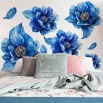 Runtoo Large Peony Flower Wall Art Decals 3D Boho Fabric Blue Floral Wall Mural Stickers for Girls Bedroom Living Room Office Home Backdrop Decor