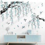 wondever Large Watercolor Flower Branch Wall Stickers Blue Blossom Tree Branches Peel and Stick Wall Art Decals for Living Room Bedroom TV Wall