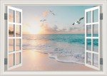 Fake Window Sticker Wall Decal Coastal Landscape Sunset Serene Beach Sea Seascape Mural Office Poster Picture Art Decor Stick and Peel Natural Scenery Scene Inspirational Kitchen Window View 48"x32"