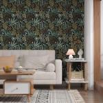 Black Forest Peel and Stick Wallpaper, Green Golden leaf Contact Paper 17.5" x 118", Botanical Jungle Wall Paper Murals Removable Self Adhesive Waterproof for Room Walls Shelves Cabinet Drawer Table