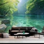 BSFHH Nature Tapestry Forest Tree Sea Cave Wall Hanging, Stream Through Rainforest Landscape Wall Art Tapestry for Bedroom Living room (Lake View, 90"×70", Unframed)