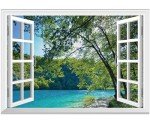 FLFK Fake Window Wall Mural - Lakes in The Jungle Faux Window Wall Sticker for Wall Decor, Stick and Peel Wall Decals,48"x32",Set of 2 Sheets
