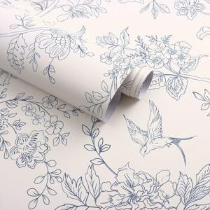 Froluya Cream White and Blue Floral Wallpaper Peel and Stick Wallpaper 17.7"x196.8" Vintage Floral Peel and Stick Wall Paper Removable Boho Self Adhesive Contact Paper for Bedroom Bathroom Vinyl