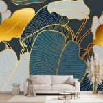 WXHFM - Golden Botanical Leaf wallpeper Living Room Bedroom Wall Mural - 137"x96"（Not Peel and Stick）