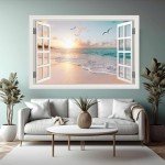 Fake Window Sticker Wall Decal Coastal Landscape Sunset Serene Beach Sea Seascape Mural Office Poster Picture Art Decor Stick and Peel Natural Scenery Scene Inspirational Kitchen Window View 48"x32"