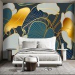 WXHFM - Golden Botanical Leaf wallpeper Living Room Bedroom Wall Mural - 137"x96"（Not Peel and Stick）