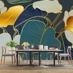 WXHFM - Golden Botanical Leaf wallpeper Living Room Bedroom Wall Mural - 137"x96"（Not Peel and Stick）