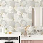 Wallercity Gray/Gold Ginkgo Leaf Wallpaper Peel and Stick Floral Leaves Contact Paper for Countertop Cabinets Vinyl Self Adhesive Waterproof Floral Wallpapers for Bedroom Walls Shelf Liner 17.5x102 IN