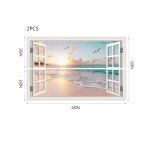 Fake Window Sticker Wall Decal Coastal Landscape Sunset Serene Beach Sea Seascape Mural Office Poster Picture Art Decor Stick and Peel Natural Scenery Scene Inspirational Kitchen Window View 48"x32"