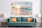 Fake Window Sticker Wall Decal Coastal Landscape Sunset Serene Beach Sea Seascape Mural Office Poster Picture Art Decor Stick and Peel Natural Scenery Scene Inspirational Kitchen Window View 48"x32"