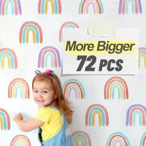 Watercolor Rainbow Wall Decals for Girls Bedroom 72 Pcs, Rainbow Stickers Bigger Size for Wall Mural Vinyl Peel and Stick DIY Decorations (12 Sheets)