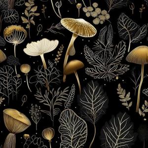 Laatse Boho Wallpaper Peel and Stick Dark Floral Contact Paper 17.5" x 118" Vinyl Self Adhesive Vintage Mushrooms Wall Mural Leaf Wall Paper for Room Countertop Drawer Decor(Golden,Black)