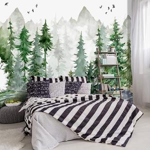 YIHWM -Green Cartoon Pine Forest Nursery Fabric Wallpaper for Boys and Girls Children's Bedroom Living Room Woodland Plants Large Wall Mural- 160"x108"（ not Peel and Stick）