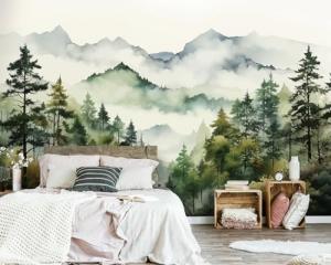 Watercolor Forest Mountain Mural Wallpaper, Foggy Trees Ink Wall Mural, Natural Landscape Mural, Misty Abstract Botanical Wallpaper for Living Room, Bedroom, Dinning Room-161"x108"(Not Peel and Stick)