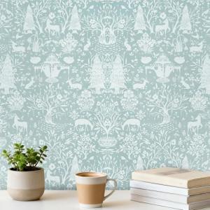 WENMER Forest Animal Wallpaper, 17.7" x 590" Blue and White Contact Paper, Woodland Peel and Stick Wallpaper with Deer Rabbit Fox, Self Adhesive Removable Wall Paper for Living Room Bedroom Nursery