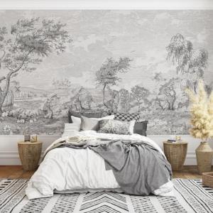 HueBurst Large Black White Scenery Wallpaper Peel and Stick 139" W X 110" H Grey Forest Wall Murals Sketching Tree French Country Landscape Wall Mural Toile Vinyl Rustic Nature Wall Art Decor