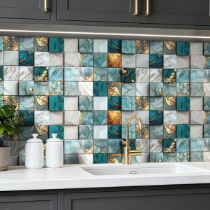 ReWallpaper 17.5in x 23ft Marble Mosaic Tile Wallpaper Peel and Stick Blue and Gold Waterproof Backsplash Contact Paper for Kitchen Wall Bathroom Laundry Room Coffee Bar Rental Home Accent Wall Decor