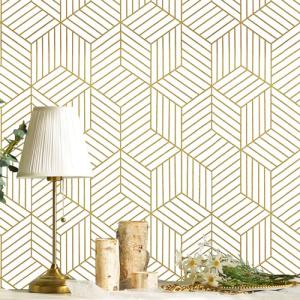 CiCiwind 15.7"x472" White and Gold Peel and Stick Wallpaper Gold Striped Hexagon Contact Paper Removable Self Adhesive Wall Paper Geometric Vinyl Roll for Bathroom Bedroom Wall Decor Upgrade