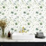 Akodm Sage Green Floral Peel and Stick Wallpaper Self Adhesive Removable Modern for Bedroom Accent Wall Renter Friendly Thick Watercolor Natural Flower Wallpaper 17.7" x 118"